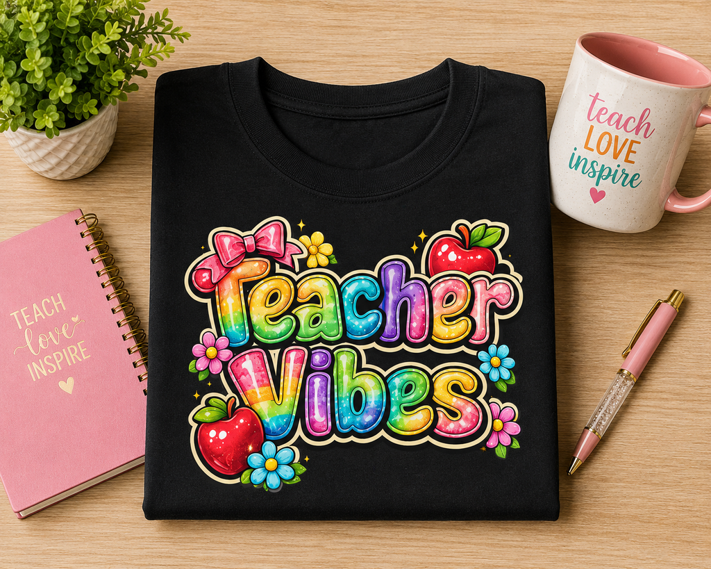 Teacher Vibes T-Shirt — Bow, Apple & Flowers