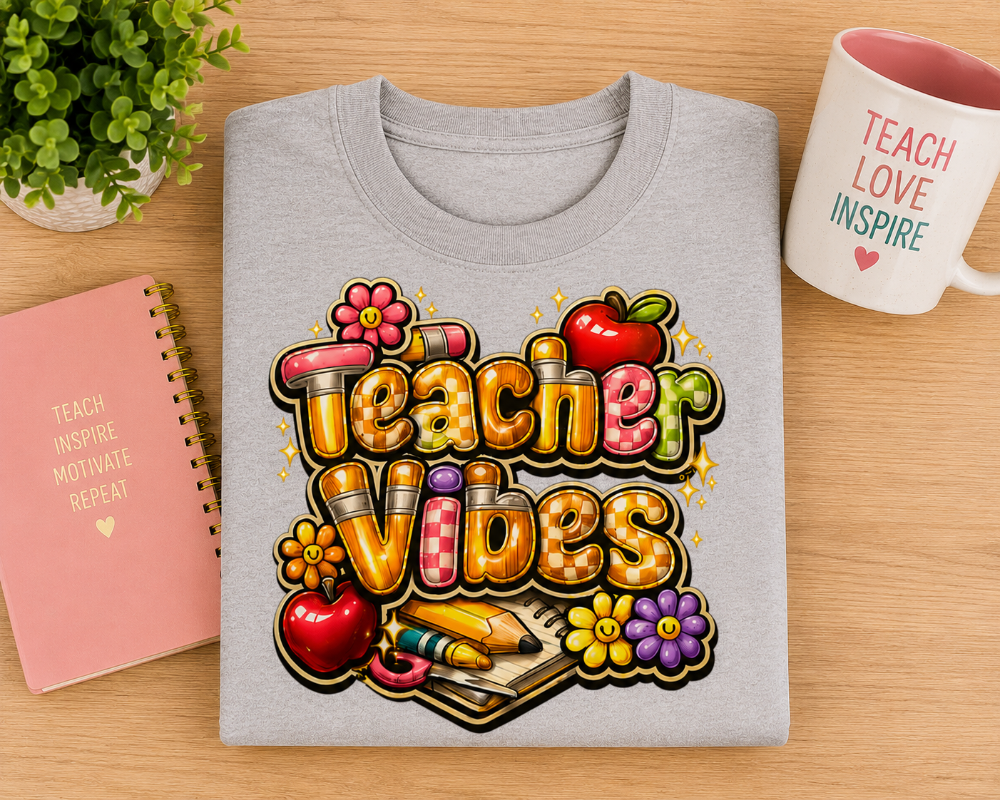 Teacher Vibes T-Shirt — Pencil & Flower