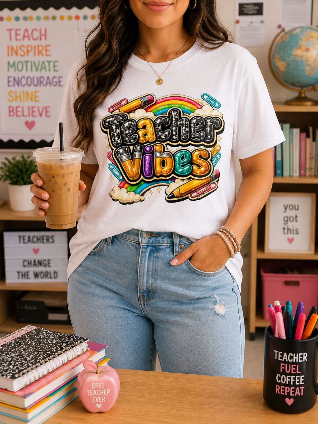 Teacher Vibes T-Shirt — Colorful Rainbow