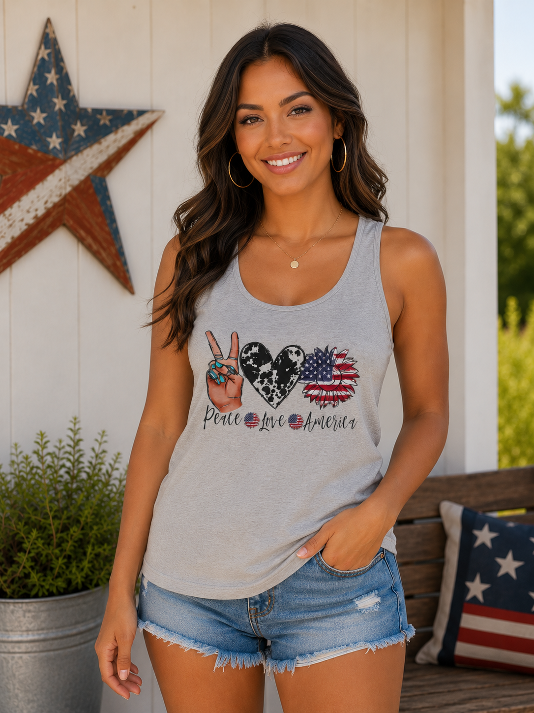 Peace Love America Tank Top — Patriotic Peace Sign & Flag Heart Graphic