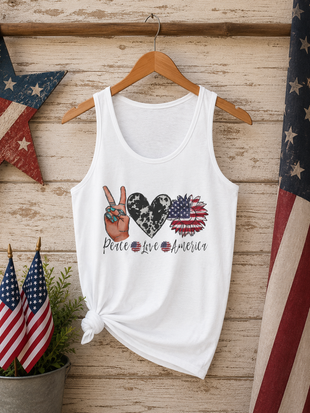 Peace Love America Tank Top — Patriotic Peace Sign & Flag Heart Graphic