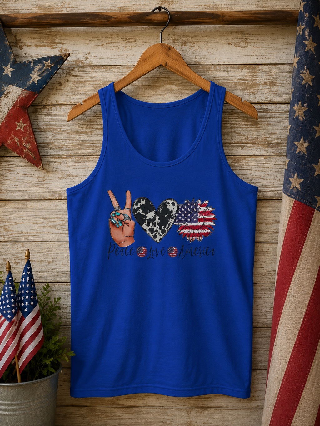 Peace Love America Tank Top — Patriotic Peace Sign & Flag Heart Graphic