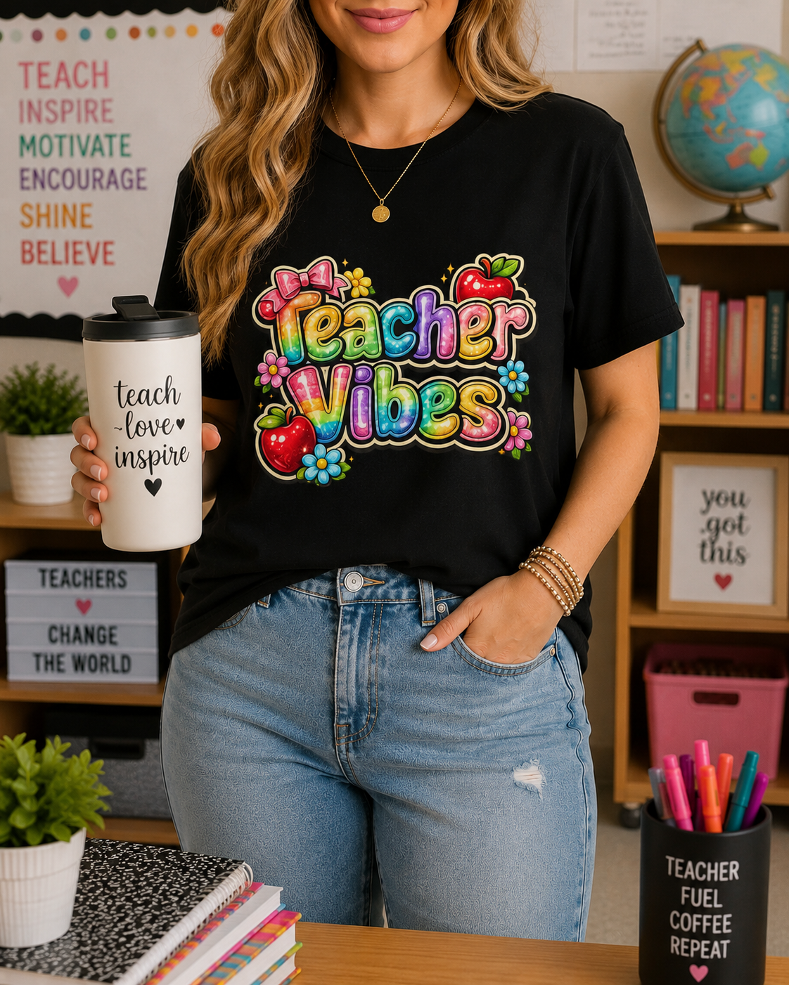 Teacher Vibes T-Shirt — Bow, Apple & Flowers